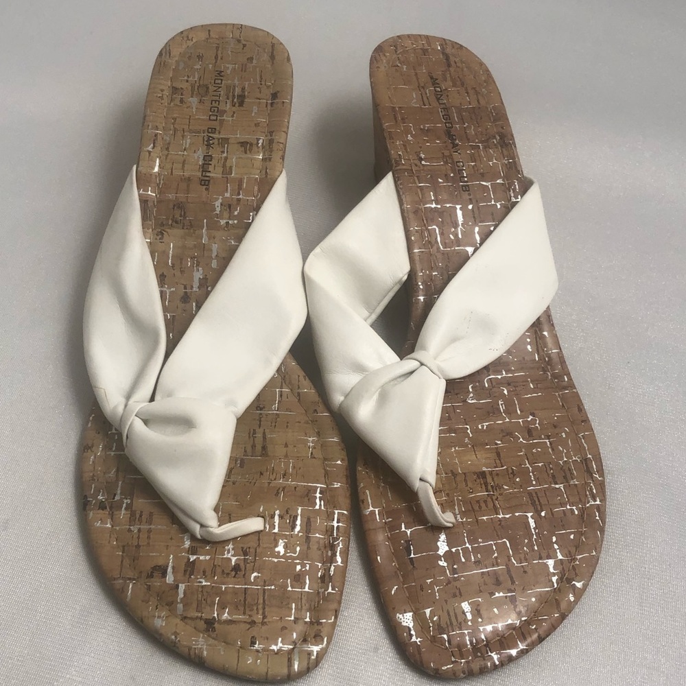 Montego Bay Club white and tan cork wedge thong sandals